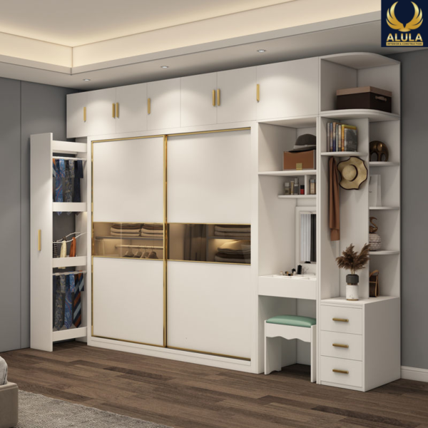 Tủ quần áo hiện đại màu trắng, nẹp vàng, kèm bàn trang điểm và kệ trang trí ALU-T.06